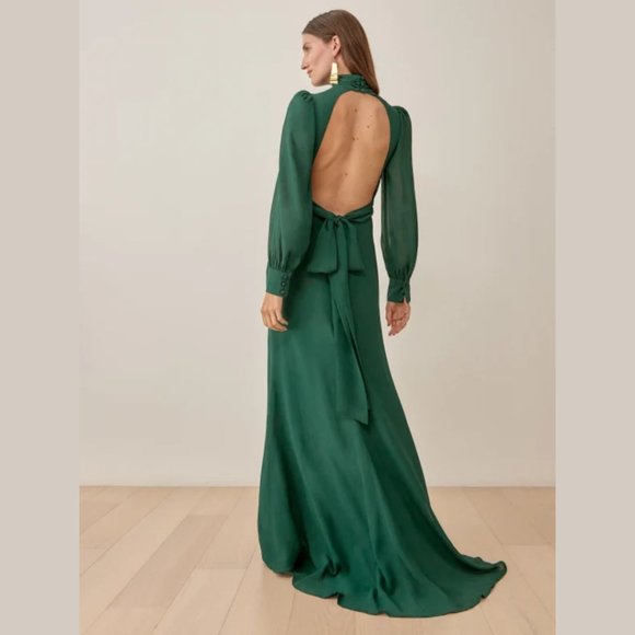 Reformation Midleton Dress Emerald Green Open Back Mock Neck Puffed Sleeves - Picture 2 of 11